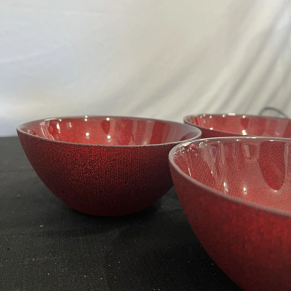 Set of 3 Ruby Red Glitter Textured Glass Decorative Bowls‎ 6 Inch Shimmer Glam